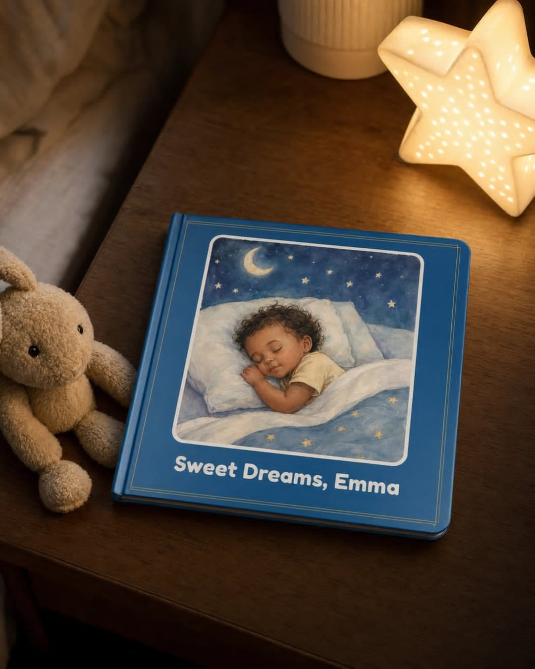Sweet Dreams personalized board book on nightstand